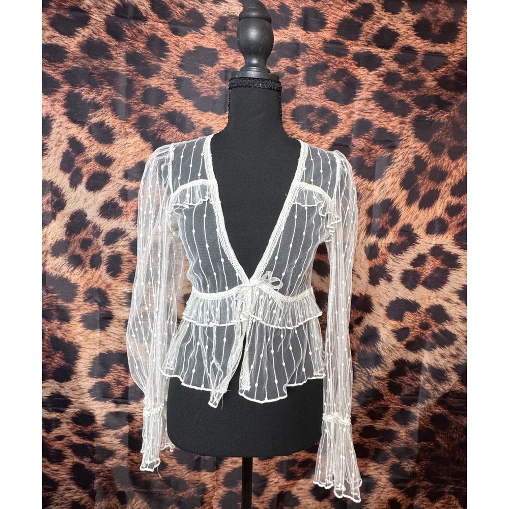 Sheer Mesh Swiss Dot Ruffle Tie Front Long Sleeve Top